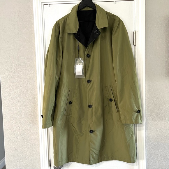 Barney’s New York Mens Reversible Rain Trench Coat Size 40 R Green Black